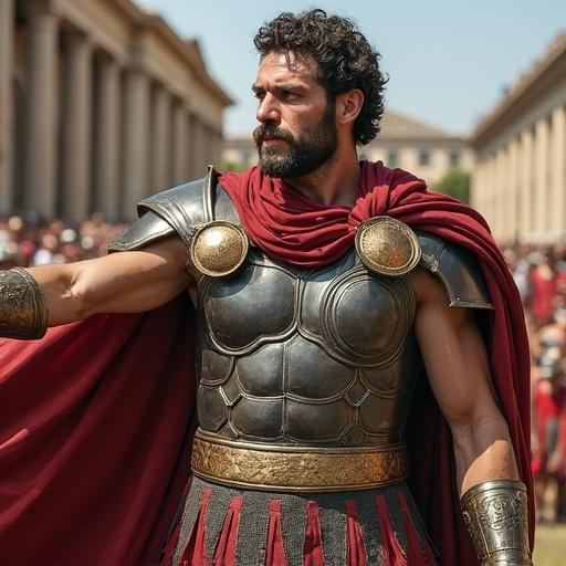 Aquiles, the Greek hero, depicted in a battle scene wearing armor. He shows strong leg muscles. This is set in 4th century BC Troy, with emphasis on his heroic appearance and the historical context of war.