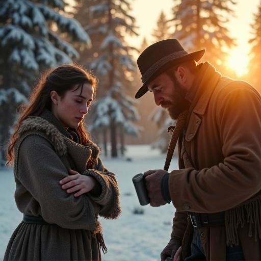 A cinematic scene set in a 19th-century Wild West snow-blanketed forest at sunset. A young woman in tattered wool looks down with tears; a lumberjack watches her with compassion, holding an ax. Snowy evergreens glow in the background, shadows and highlights create a dramatic atmosphere.