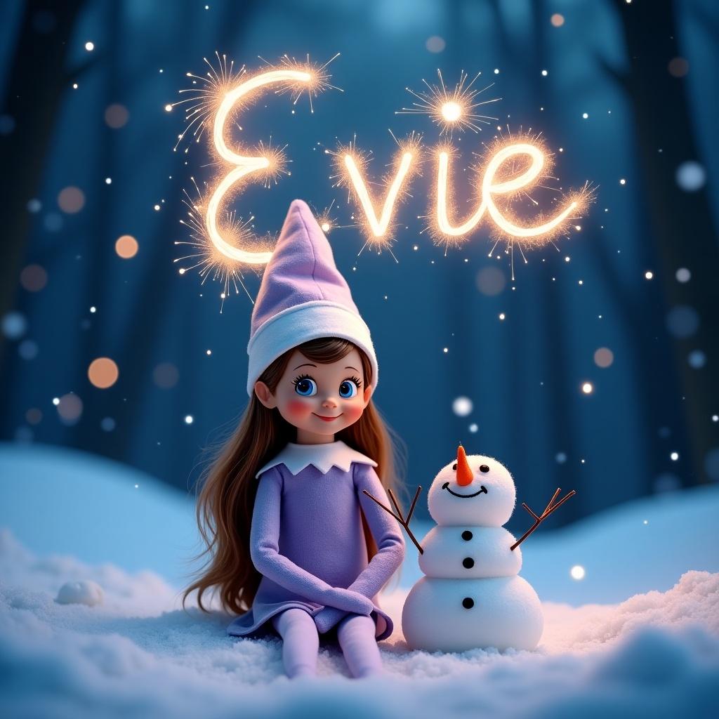 The image features a girl Elf on the Shelf named Evie sitting in a snowy woodland. Beside her is a cute snowman with a carrot nose. The name 'Evie' is written in the sky with sparklers. The scene conveys holiday spirit and wonder. Soft lighting adds to the cozy atmosphere.