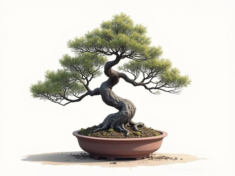 High contrast hand-painted acrylic art of a super realistic bonsai tree with sparse leaves, shown in a simple background. The tree features a wonky, gnarly trunk with clumpy leaf groupings in a simple clay pot.