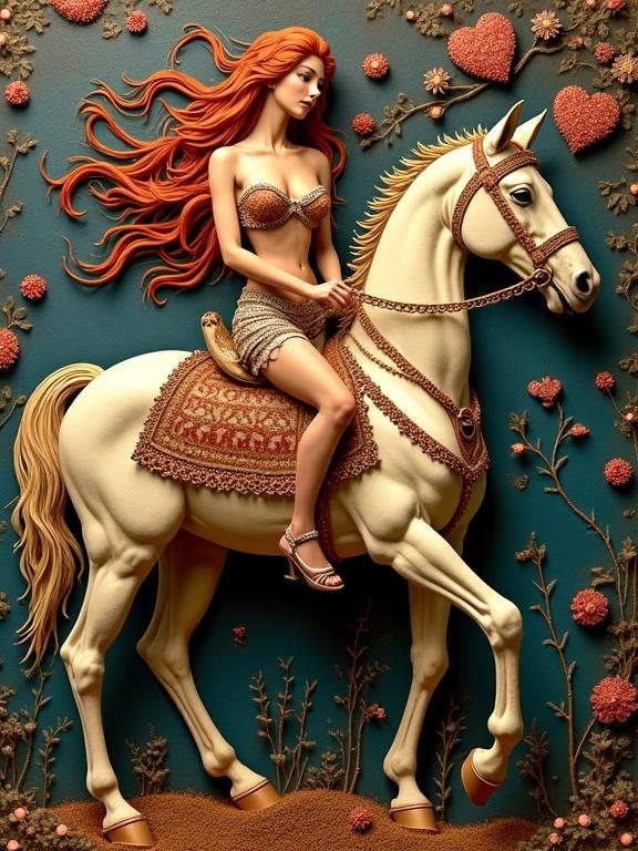 3D multi-layered art featuring a woman riding a horse in intricate detail. Inspired by Klimt and others. Feminine and whimsical theme. Encaustic mixed media style with a focus on textures.