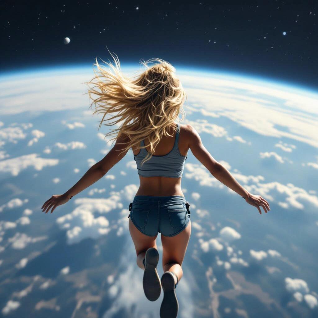 Blonde girl flying at supersonic speeds above planet Earth. Viewed from behind. Wearing a mini tank top and booty shorts. Cosmic atmosphere and clouds in view.