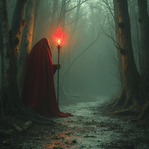 A cloaked figure stands in a foggy forest path. The figure holds a torch that emits a fiery glow. The surroundings feature tall trees and a dark, mysterious ambiance.