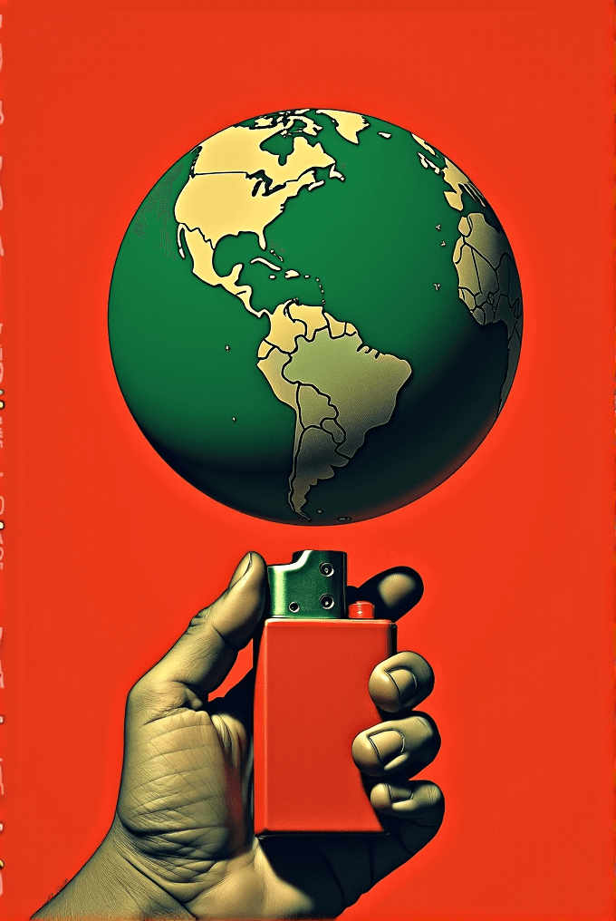 A hand holds a red lighter, with the Earth depicted as its flame against a bold red background.