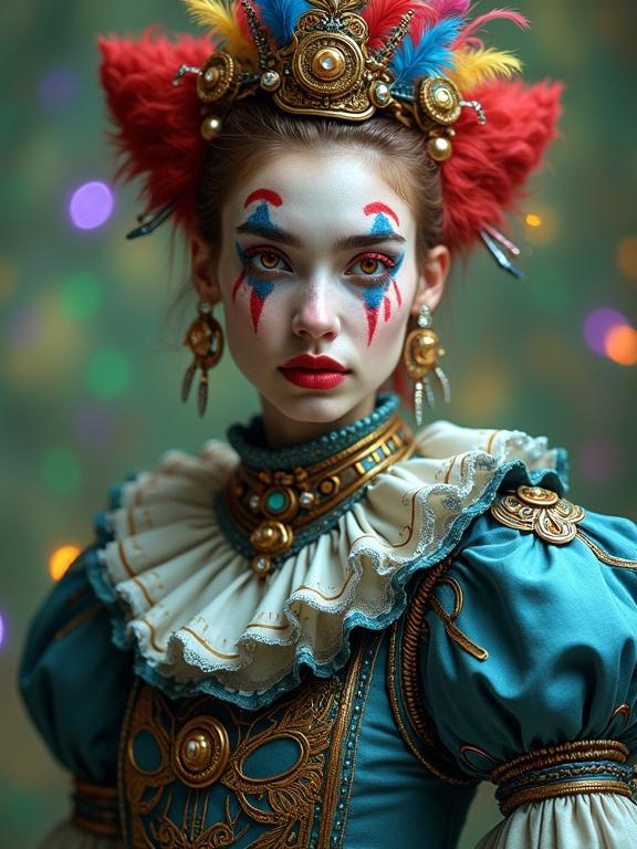 A young woman depicted as a stylized clown. She is centered in the image, facing the viewer. Expression is neutral. Makeup features bright red, white, and blue stripes with striking red eyes. She wears ornate, mechanical clothing and accessories. The outfit includes metallic parts, jewels, and colorful feathers. The style is futuristic and highly detailed with elements of steampunk and fantasy. Clothing is a vibrant mixture of blues, golds, and intricate patterns. Background is a soft blurred mix of green, yellow, and purple colors, suggesting colorful lights. Lighting is focused on the face and figure. Composition is balanced and dynamic.