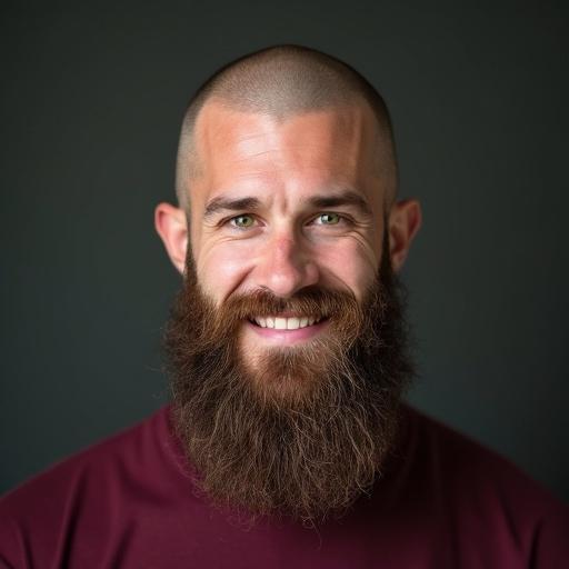 Portrait of a man in his twenties with green eyes and a long beard wearing a maroon t-shirt. He has a shaved head and a muscular build. The expression is friendly and warm, showcasing natural features.
