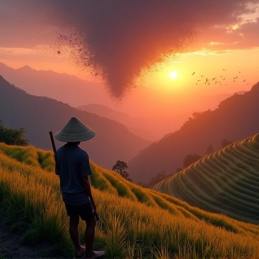 A weary farmer stands in terraced rice fields at golden hour. He rests a hoe on his shoulder and wears a conical hat. His face is shadowed and contemplative. The sunset casts vibrant orange and soft lavender hues. Lush green and golden rice fields stretch downwards. Distant mountains are covered in violet mist. A swarm of locusts spirals in the sky, dense and chaotic. Scattered birds flee the scene. The atmosphere is cinematic and emotional.