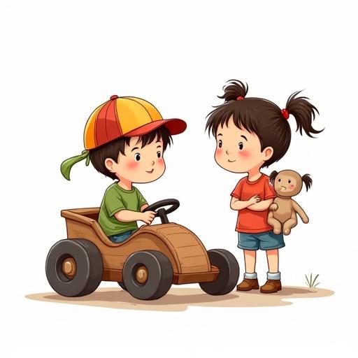 Children's drawing style illustration with transparent background. Little boy in colorful baseball cap sits in handmade soapbox kart. Next to him, little girl with pigtails holds floppy ragdoll that drags on the floor. Drawing uses dark brown outlines exactly 5px thick. Simple shapes, flat colors, clear separation from background. Background fully transparent. No sketchy lines, no shadows.