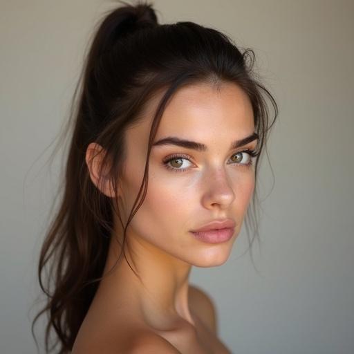 Portrait of a young woman with a ponytail and fair skin. She has a youthful appearance and soft features. The setting is neutral and minimalistic.