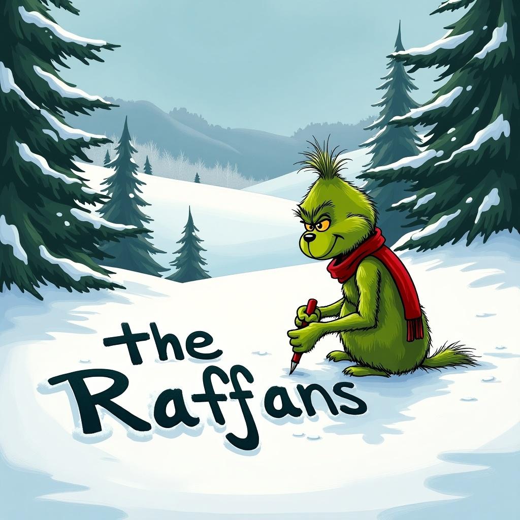 The Grinch is writing The Raffans in the snow. Scene features snow-covered hills and evergreen trees. The Grinch is depicted in green with a red scarf.