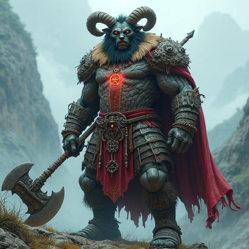Design a mythological Persian giant named Arzhang the Mountain Fiend. The creature has rocky cracked skin with glowing red runes. He holds a massive iron club with bones. His head resembles a lion with twisted ram horns. His eyes burn with inner blue fire. He dons ancient Persian armor covered in moss and vines. The setting features a misty mountain battlefield. The style is epic fantasy and highly detailed, ready for 3D printing.