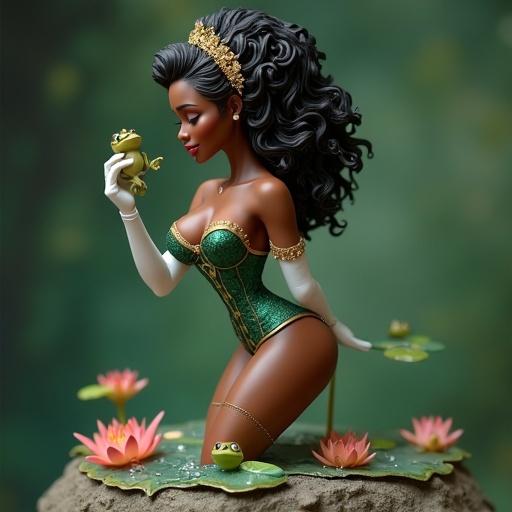Ultra-detailed resin figure inspired by a Disney princess. A dark-skinned woman with a curvaceous body and sensual posture. Leaning forward with a small frog in one hand. Wearing an emerald green corset with gold details. Elaborate miniskirt resembling a tropical flower. Curly hair crowned by a floral tiara. Powerful expression of charm and confidence. Standing on a base with magical water and sparkling water lilies.