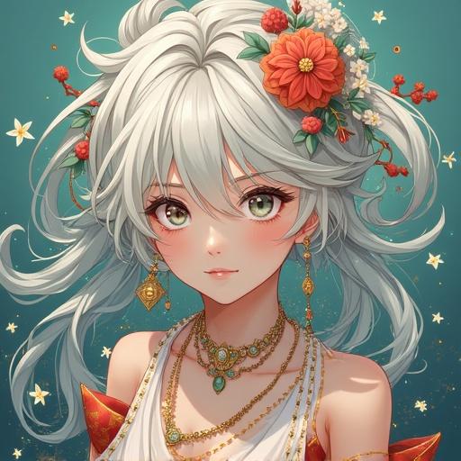 Illustration depicts an anime character in a whimsical outfit with flowers. Soft lighting enhances ethereal quality. Long hair adorned with flowers creates a magical appearance.