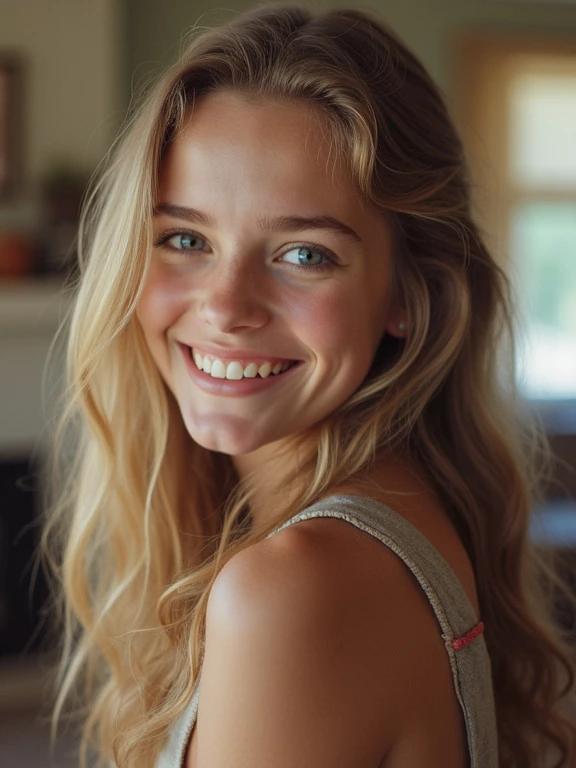 Full frame photo of a teenager in a living room. Subject with a flirty smile. Aesthetic is low resolution and slightly pixelated. Bright colors are overly saturated as if edited with early Instagram filters. Image captures a casual and relaxed moment.