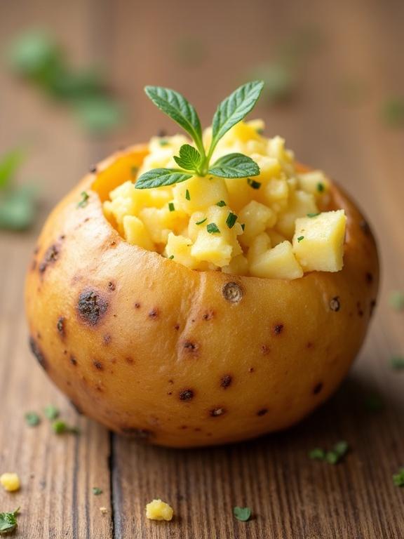 A potato filled with chopped ingredients on a wooden table