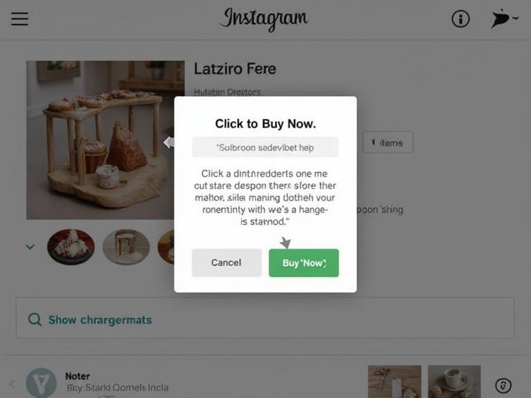 Digital interaction of a user on an e-commerce platform through Instagram. A pop-up dialog appears with a 'Buy Now' call to action after viewing a product.