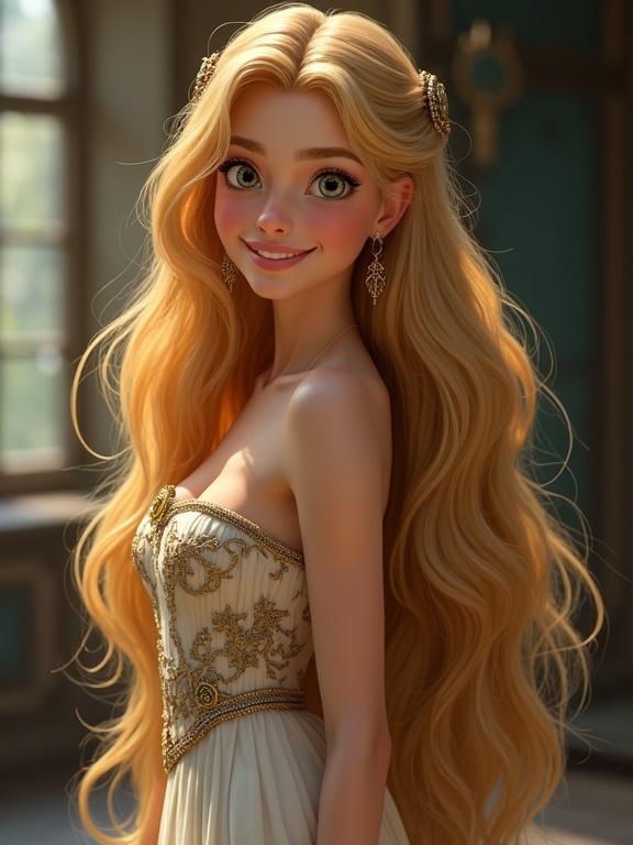 Classic Disney waist portrait of a gorgeous Norse goddess wearing a backless dress. She has flowing golden hair and an elegant smile. The image is hyperdetailed and aesthetic.
