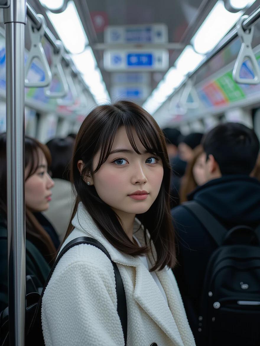 Photo of a crowded Japanese metro scene. Young woman stands at the center wearing a white crop top and shorts. Many people around her in close proximity. Shot taken from behind a pole with focus on the girl.