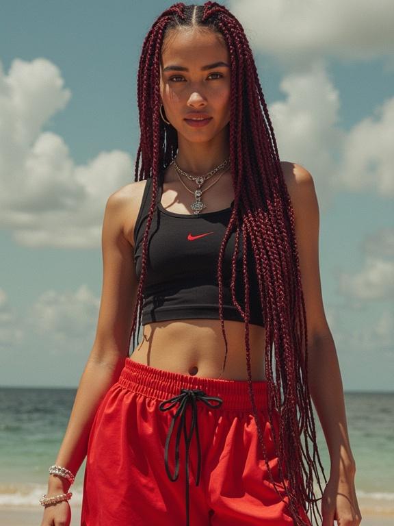 A girl with red-black braids wearing a black Nike sports bra and red shorts stands on the beach. She has a confident pose under the sun with a clear blue sky behind her.