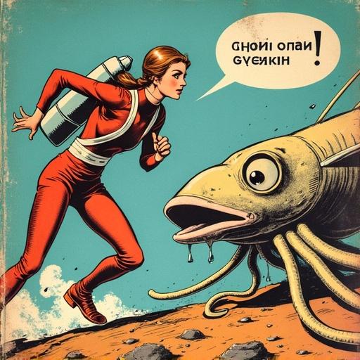 Fake comic book cover shows a spacegirl with a rocket-pack running from a squid made of typewriter parts. Illustration is bright with flat colors. Speaks in Cyrillic in the speech bubble. Designs showcase faded cyan colors and errors typical of old prints.