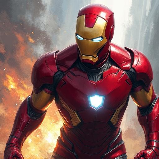 Iron Man and Spider-Man engaged in a dynamic fight scene depicted in a vibrant painting style. Action-filled background with fiery elements.