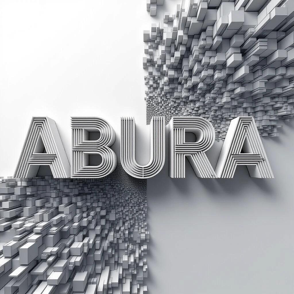 Minimalist text design of the word 'ABURA'. Construct letters using straight lines. Each letter should have a grid-based look. Design is geometric and blocky. Use a monochrome black-and-white palette. Emphasize sharp right angles without curves. Create an architectural feel digitally.