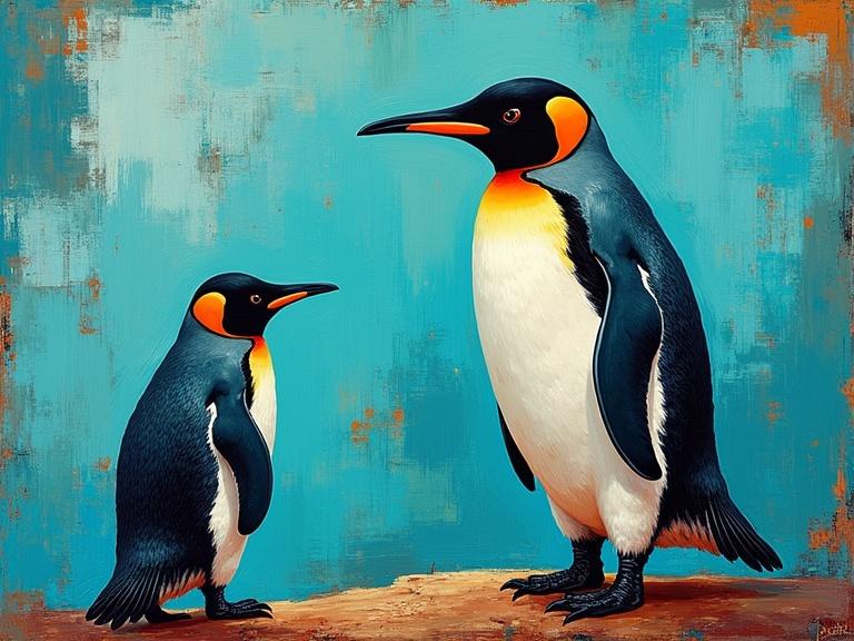 Navajo inspired abstract painting of two penguins. Art features vibrant shades of turquoise. Artwork reflects richness in color and abstract style.