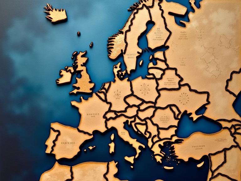 Map of Europe featuring Iceland. Oil painting mixed media artwork with texture elements like jute fibers and wood. Dark colors with a magical and evocative feel. High resolution and multilayered composition.