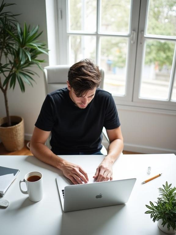 Bird's-eye view of a minimalist workspace. Man focused at a white desk with a Macbook. High contrast and detail in a well-lit room. Casual black shirt. Natural sunlight filtering through a large window. Tidy desk with personal items. Soft glow of diffused daylight creating a tranquil atmosphere for productivity.