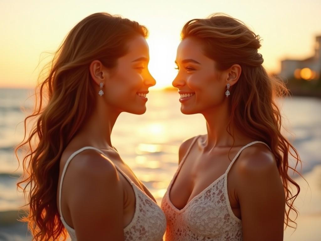 Two beautiful tanned young women with long wavy auburn hair are looking at each other, wearing matching cream-colored lace tops. They stand facing each other on a beach at sunset, with gentle waves in the background. The sun is low in the sky, casting a warm golden glow that backlights the women and creates sparkling reflections on the water. The woman on the left has lighter hair and small diamond stud earrings, while the woman on the right sports slightly darker hair with small dangling earrings. Both have soft smiles and serene expressions, enhancing the romantic and dreamy atmosphere of the scene. The background is slightly blurred, focusing attention on the women.