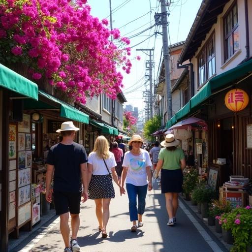 Photograph of a narrow street in a Japanese town with vibrant pink bougainvillea flowers hanging overhead. Green awnings on shops, people are walking down the street. Man in black t-shirt and shorts, woman in white t-shirt with rainbow heart graphic and blue jeans, woman in green top and black patterned skirt, man with white hat and beige umbrella, another man in black and white striped shirt. Various shops have colorful signs and displays. Potted plants and flowers are on the right. Sunny day with clear blue sky in an urban setting. People wear casual clothing. Tourists enjoying the cultural atmosphere. Detailed textures and bright colors represented in the narrow alley.