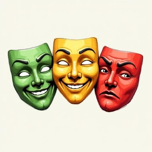 Digital sketch-style illustration featuring three vertically divided sections each showing a different colored mask with various emotional expressions. Green mask with a happy expression. Yellow mask displaying a calm face. Red mask with a worried look. Depth and dimension emphasized in thick, clean lines and subtle shading against a minimal background.