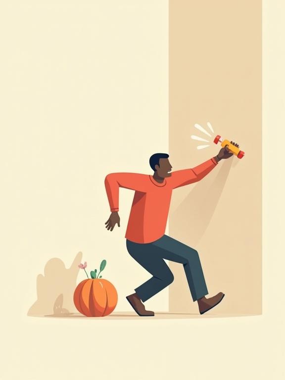 Angry male character throws toy at wall. Minimalist vector illustration features diverse faceless characters. Exaggerated body shapes with long limbs and small heads. Clothes are neutral and flat. Clean and playful illustration style.
