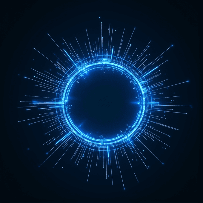 A glowing blue circle with bright digital lines radiating outward.