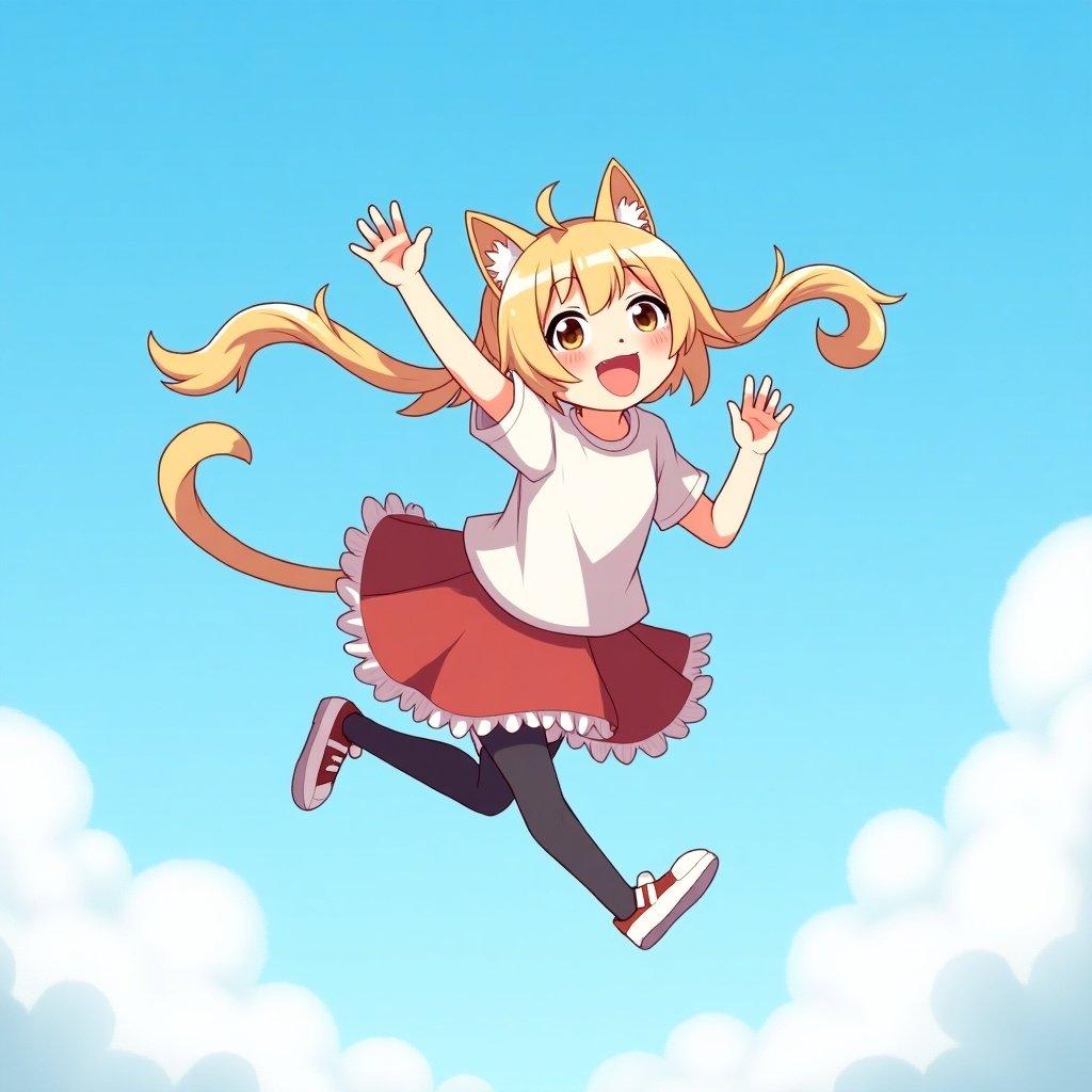 A two-tailed catgirl is joyfully twirling in the sky. She has long, flowing hair, wearing a short skirt and a t-shirt. Soft clouds are visible in the background. Her expression is cheerful, showcasing her playful nature.