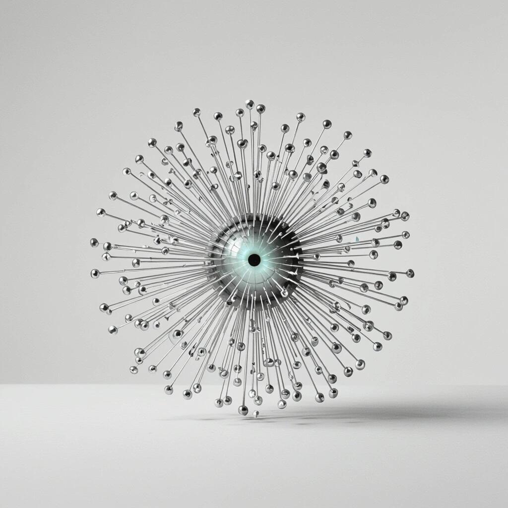 A metallic spherical sculpture with radiating lines and spherical tips. Abstract representation with a smooth, shiny surface. Central structure with multiple extensions. Displayed against a neutral background to emphasize the form.