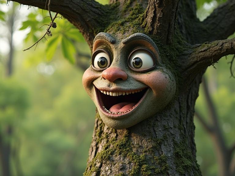 Tree trunk with a smiling face. Friendly expression on the trunk. Moss-covered surface. Nature background with soft colors. Cheerful and whimsical appearance.