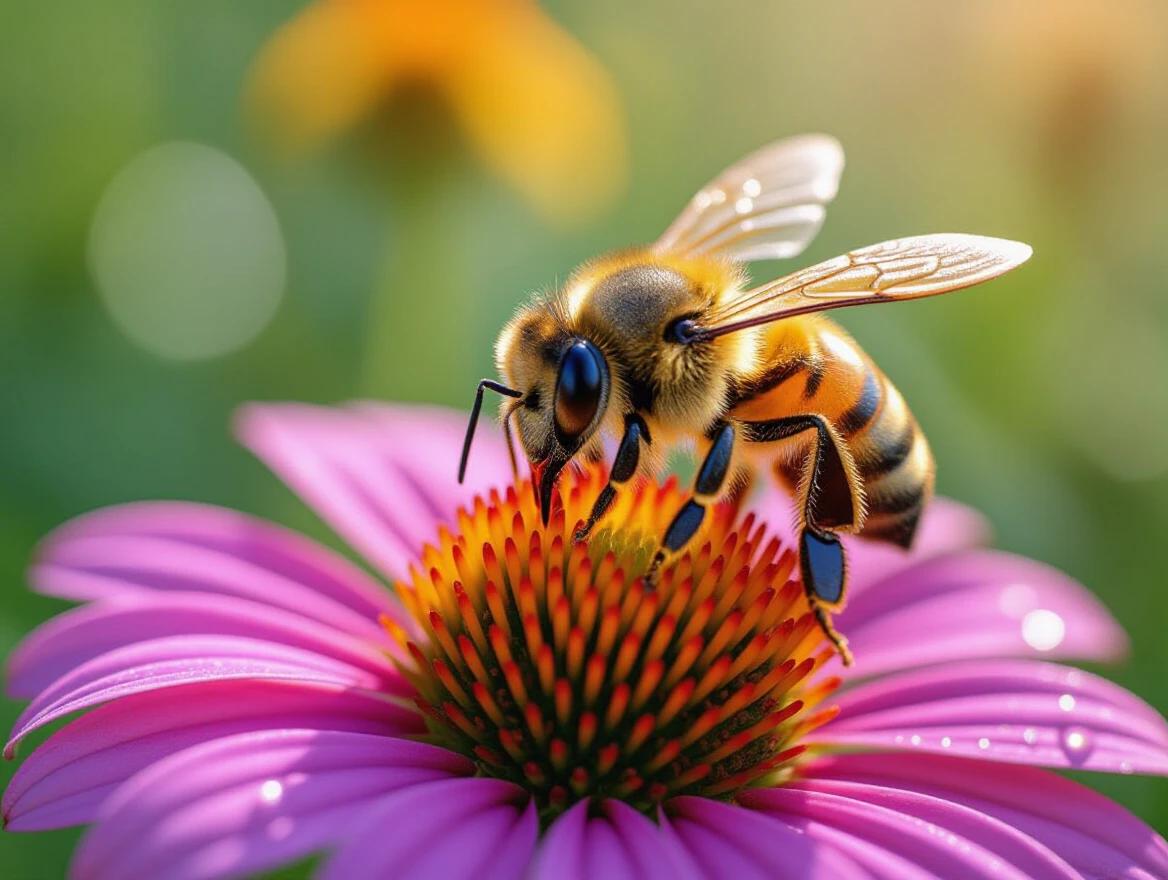 High-definition macro photograph of honeybee on vibrant flower. Ultra-sharp focus on compound eyes and translucent wings. Soft bokeh background with greenery. Diffused natural sunlight enhances colors. Extreme close-up shows pollen grains and wing details. Shot with 100mm macro lens at f/2.8, 1:1 magnification, 4K resolution.