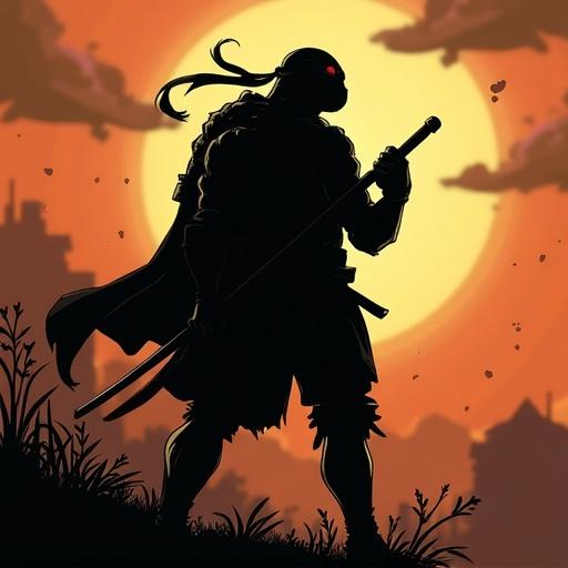 Ninja character silhouette in anime style. Outline against a large orange sunset. Ninja wielding a weapon. Detailed features highlighted by backlighting.