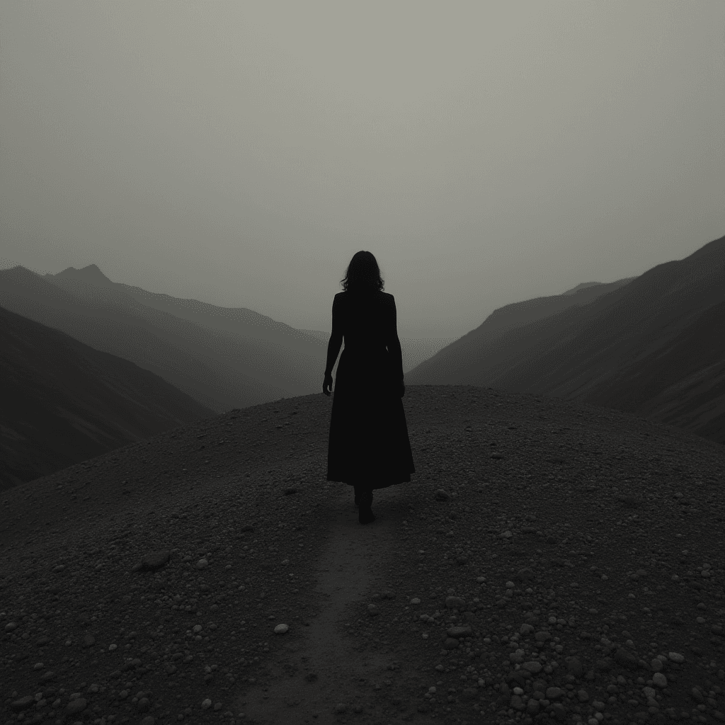 A lone figure in a dress standing on a rugged, misty hill with distant mountains.