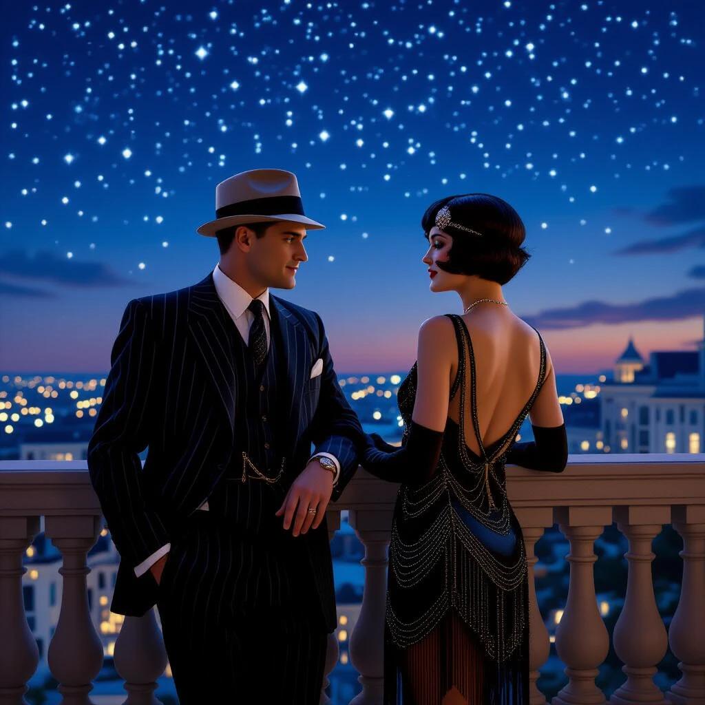 Scene of a 1920s couple enjoying a starry night on a hotel balcony. The man wears a striped mobster suit. The woman is in a flapper dress with short hair. The city lights twinkle below. The night sky is filled with stars. A warm and elegant atmosphere is present.