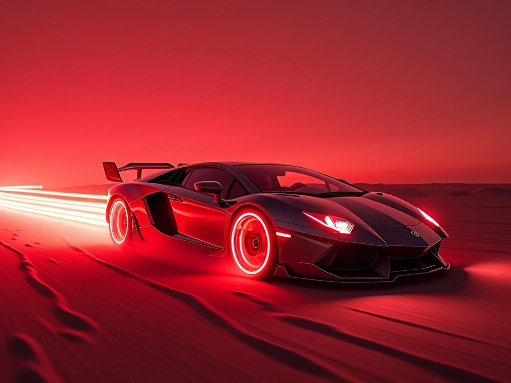 Futuristic car in a desert scene. Vibrant red lighting creates a cyberpunk style. Lamborghini moves quickly leaving a laser light trail. Wheel rims glow with laser lights. Theme reminiscent of Tron. Speed and dynamic visuals are emphasized.