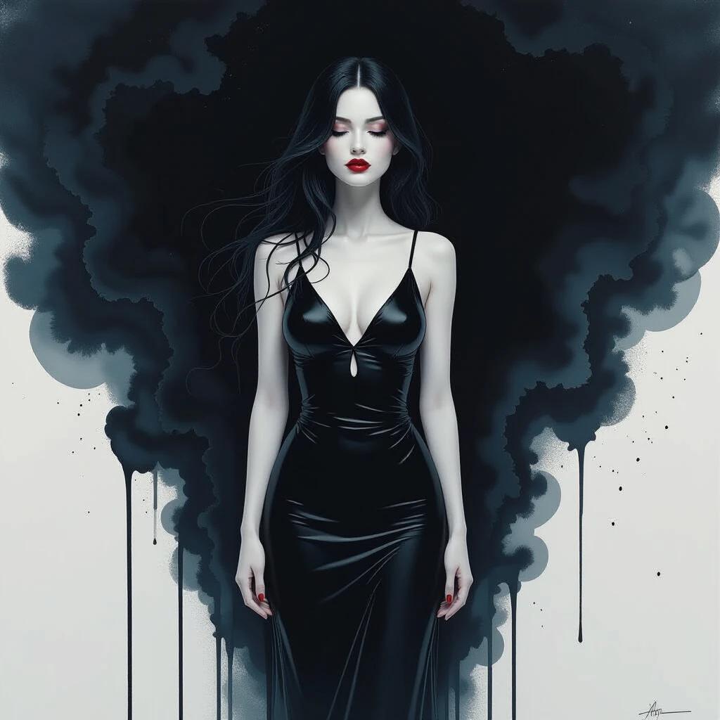 A woman appears with an ink-like texture. She stands against a void background. The dress drapes around her form. Ink drips down, creating a dramatic effect. The overall appearance evokes a sense of mystery.