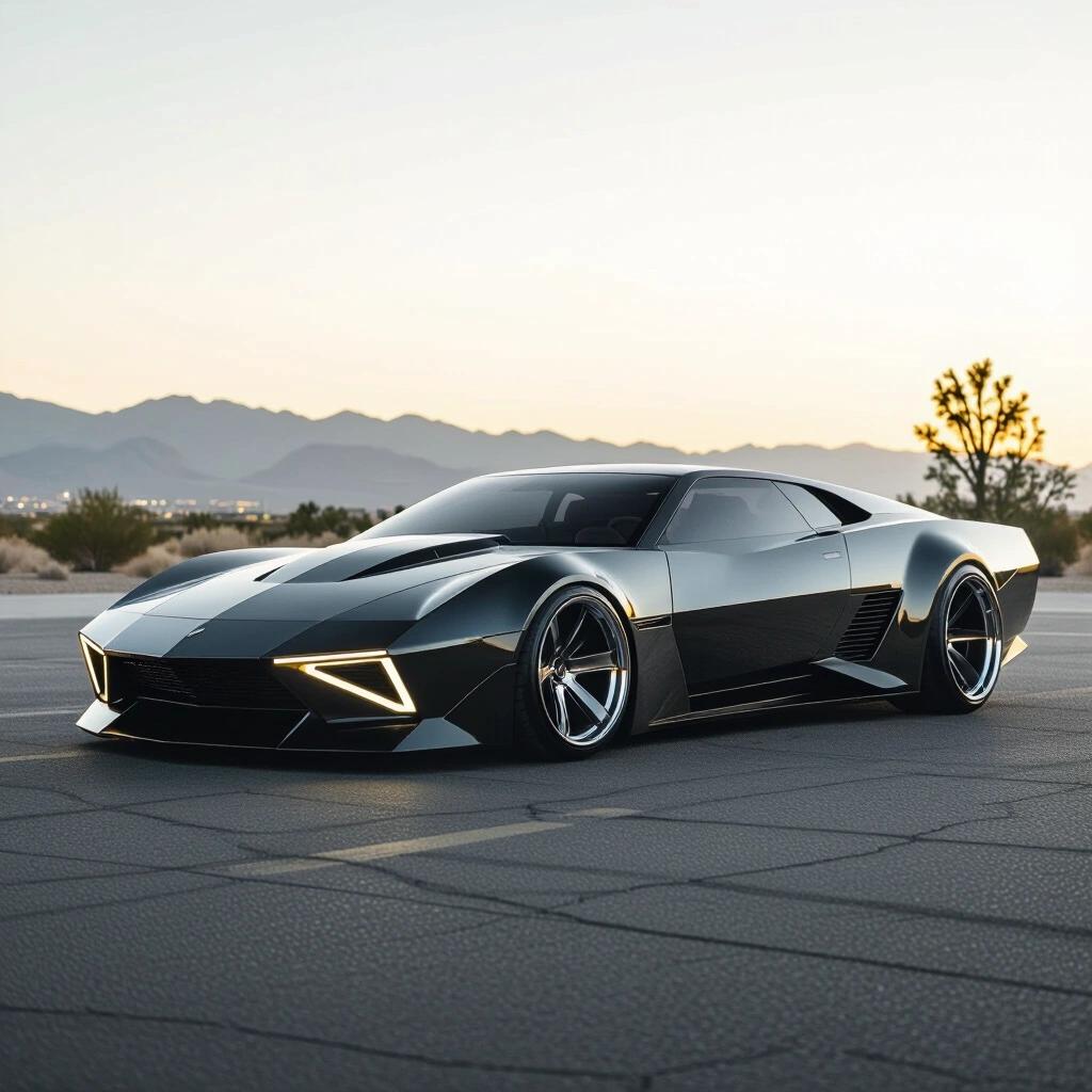 Parked futuristic concept low rider car with angular design. The image shows a side view. Car has dual tones. Epic dark style evokes wizard vibes.