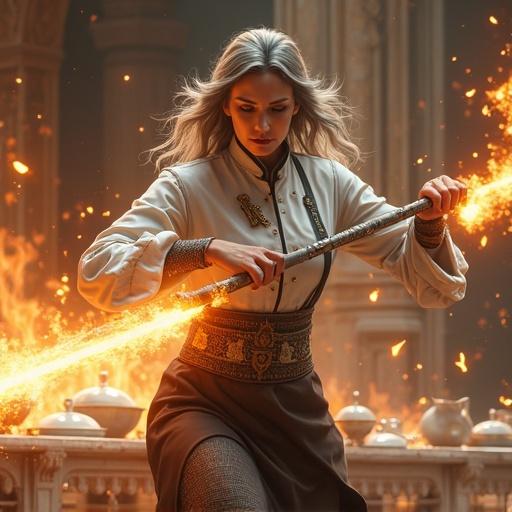 A dignified mature woman engages in a fantasy battle. She wears a high-class chef uniform with armor details. She wields a mop like a sword. Flames and magical energy swirl around her. An intense expression is on her face. Her silver or dark brown hair flows. Dishes and kitchen tools fly through the air. The setting is a grand medieval kitchen with glowing runes. The lighting is dramatic. The image is ultra detailed and has cinematic qualities.