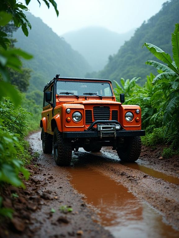Rugged off-road vehicle parked on a muddy trail. Surrounded by vibrant green tropical foliage. Raindrops falling gently creating a misty atmosphere. Lush vegetation animated by dampness. Vehicle captured from low angle. Powerful presence against backdrop of mountains shrouded in mist. Natural soft lighting enhancing earthy tones and deep greens. Scattered leaves on muddy path. Composition draws eye toward vanishing point of trail inviting adventure.
