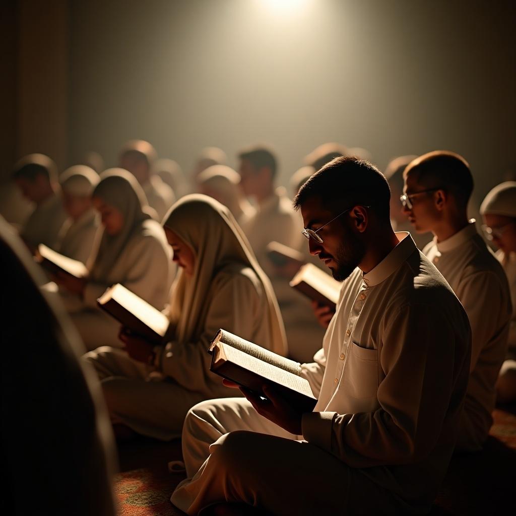 Scene shows individuals engaged in religious recitation. Participants wear traditional attire and focus on open books. The atmosphere is serene with soft overhead lighting. The setting showcases a spiritual gathering or prayer session.