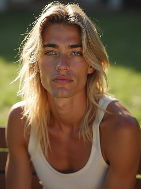 Young androgynous man sits on a bench. Thin and slender build. He wears a crop top. Long blonde hair shines in sunlight. Defined jawline. Blue eyes with thick black eyebrows. Gentle smile. Calm demeanor.