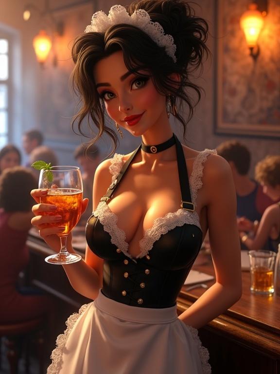 A hyper-realistic portrait of an Italian woman in a French maid uniform. Dark, curly hair. Serving drinks in a classy gentlemen's club. Vivid details in skin and hair. Highlighting beauty and elegance. Soft lighting enhances features. Woman has an appealing expression.