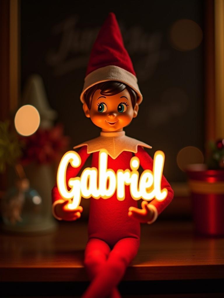 Elf on the shelf character dressed in red and white attire. Elf is smiling while holding a glowing sign with the name 'Gabriel'. Background is dark to highlight the glowing effect. Scene evokes joy and magic of the holiday season.